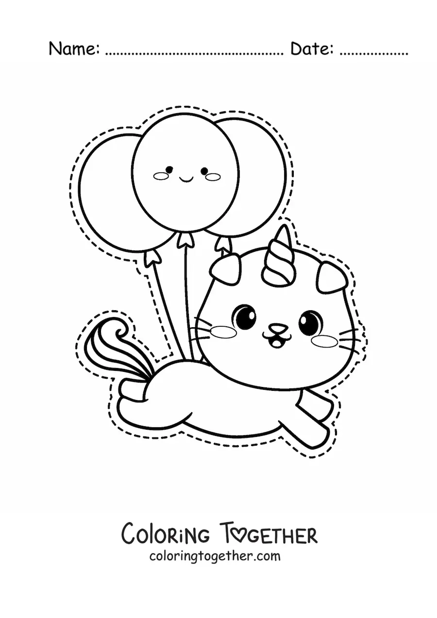 Coloring page of a kawaii caticorn floating with birthday balloons