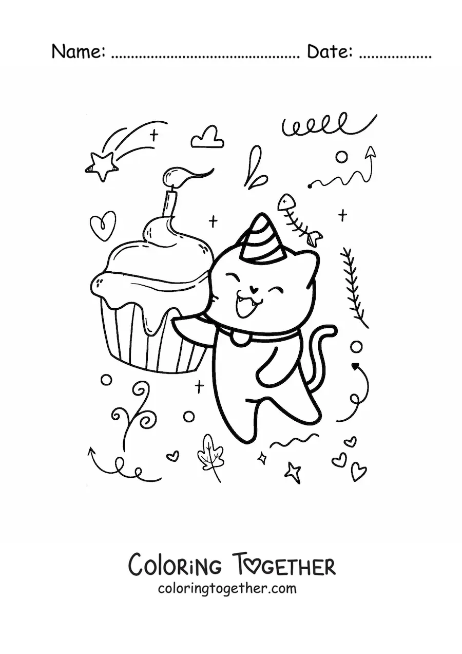 Coloring page of a kawaii birthday cat with a cupcake at a party
