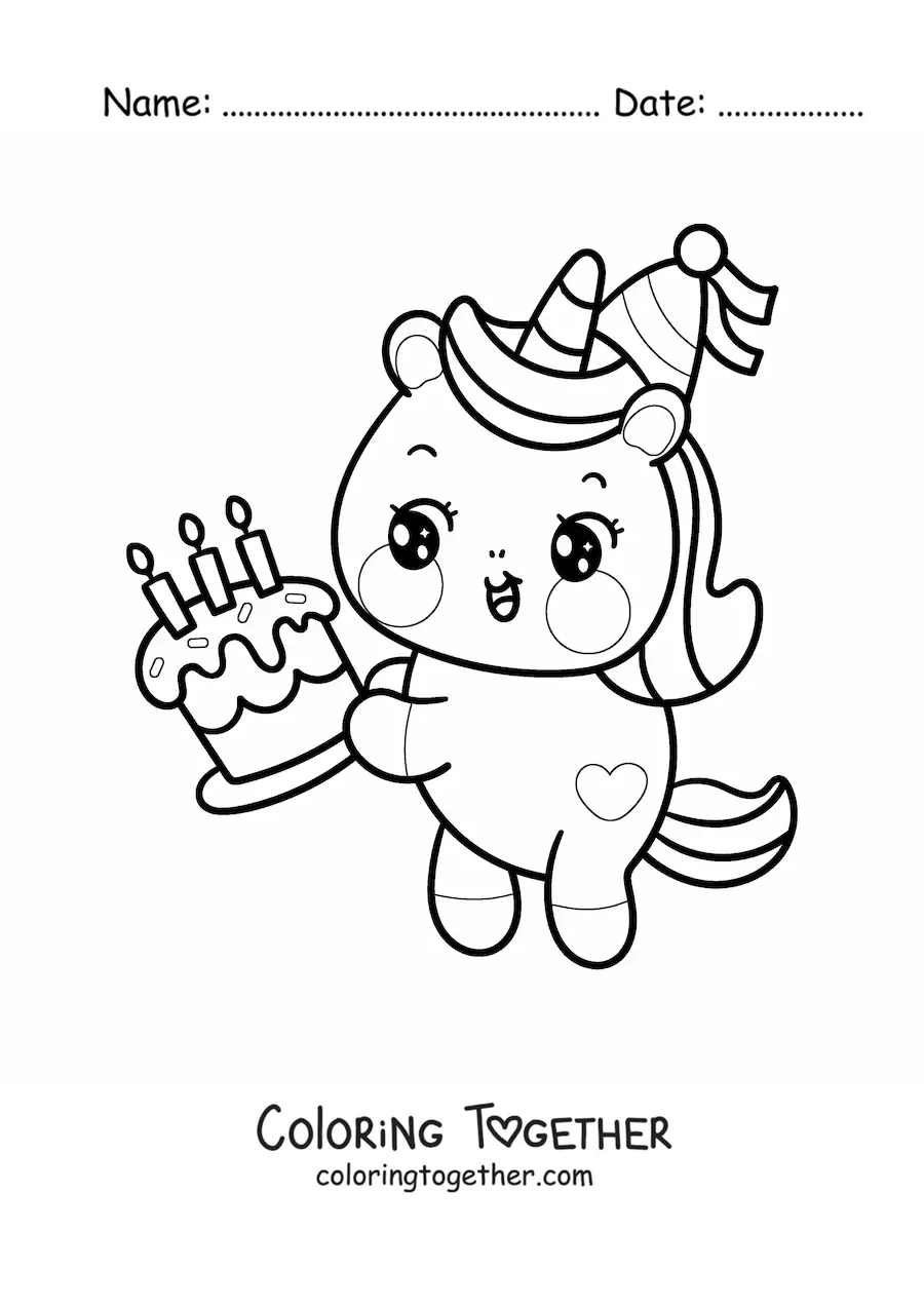 Coloring page of a kawaii birthday unicorn with a birthday cake