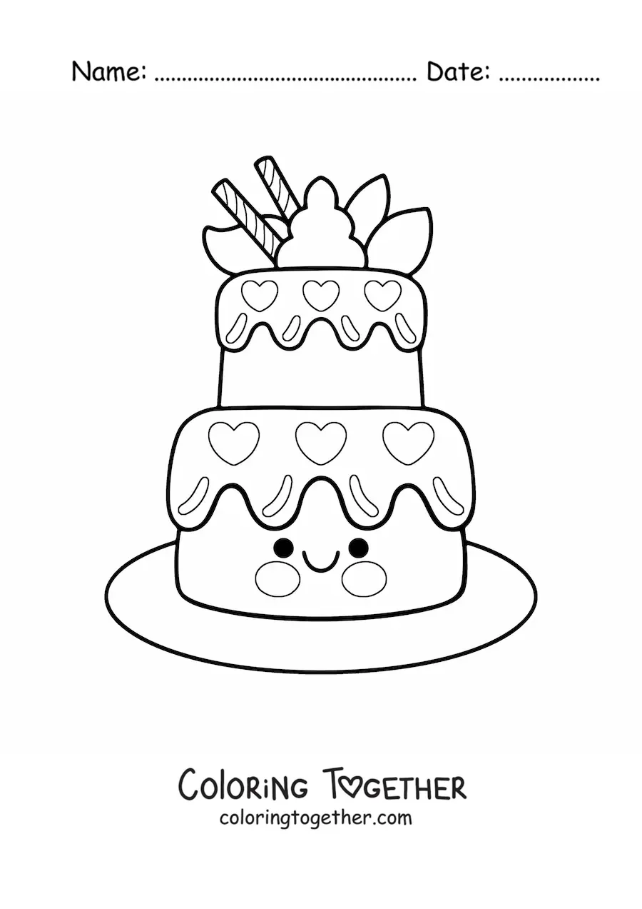 Coloring page of an animated kawaii birthday cake