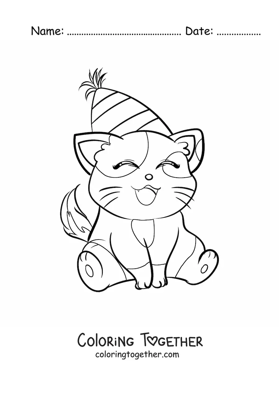 Coloring page of an animated kawaii birthday kitten