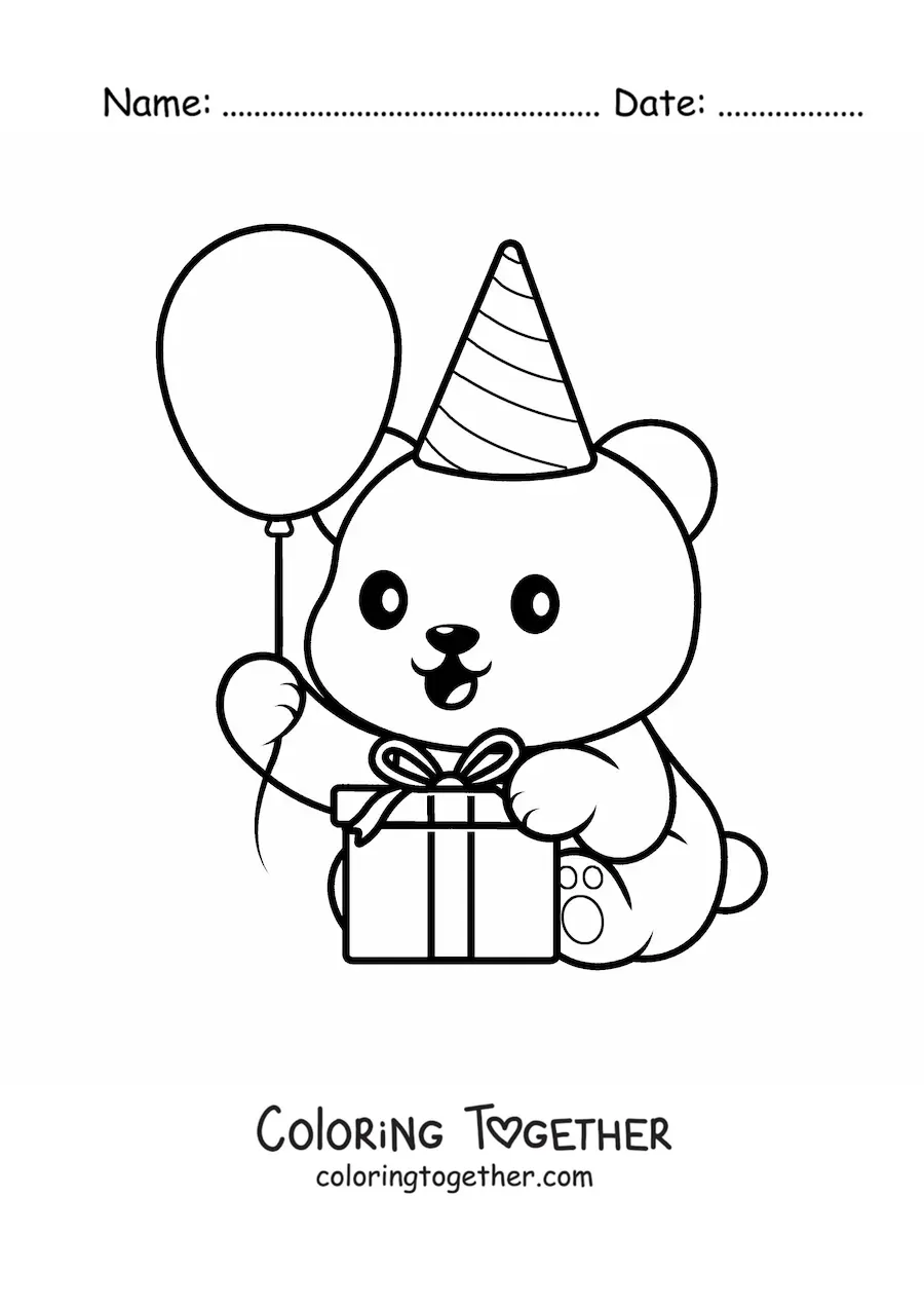 Coloring page of a kawaii birthday bear with a gift and a balloon