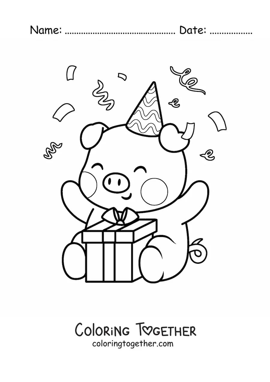 Coloring page of a kawaii birthday pig sitting with a gift and confetti