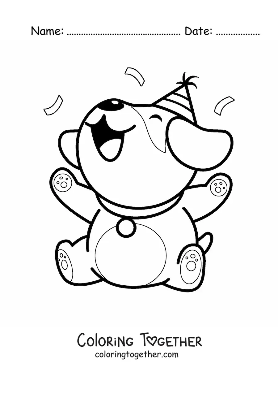 Coloring page of an animated kawaii birthday puppy