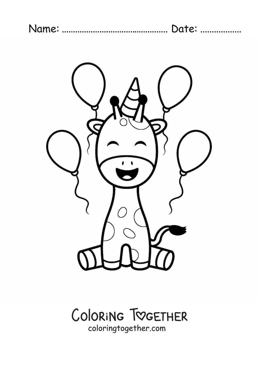 Coloring page of an animated kawaii birthday giraffe