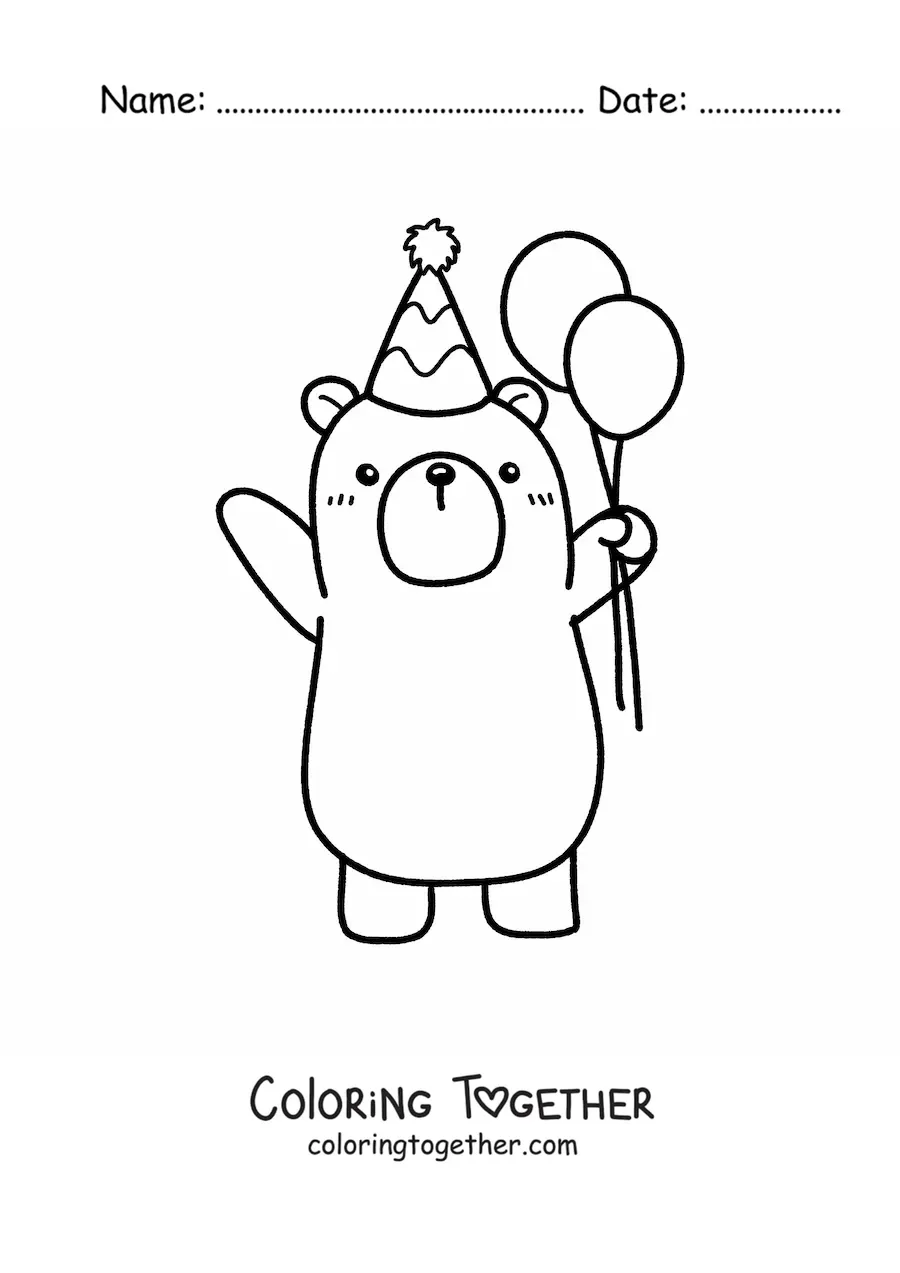 Coloring page of a kawaii birthday bear with a balloon and a party hat
