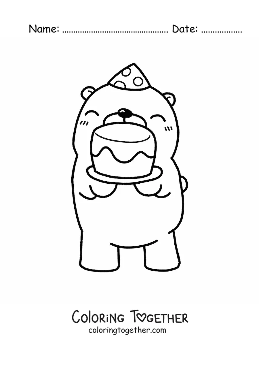 Coloring page of a kawaii birthday bear with a cake and a party hat