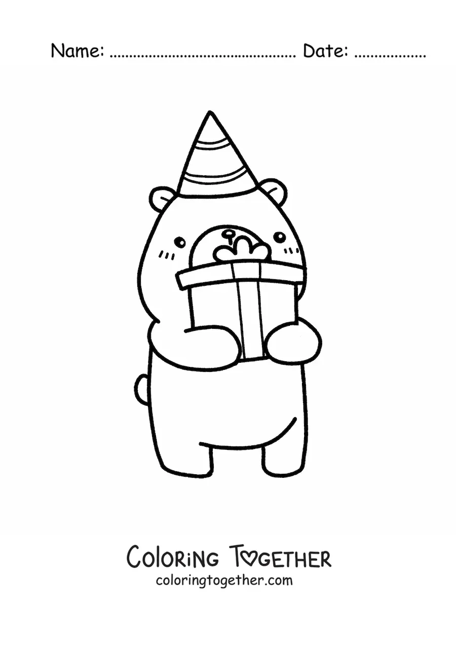 Coloring page of a kawaii birthday bear with a gift and a party hat