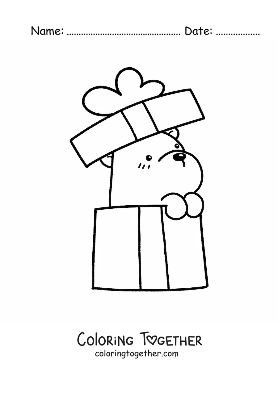 Coloring page of a kawaii birthday bear coming out of a gift box