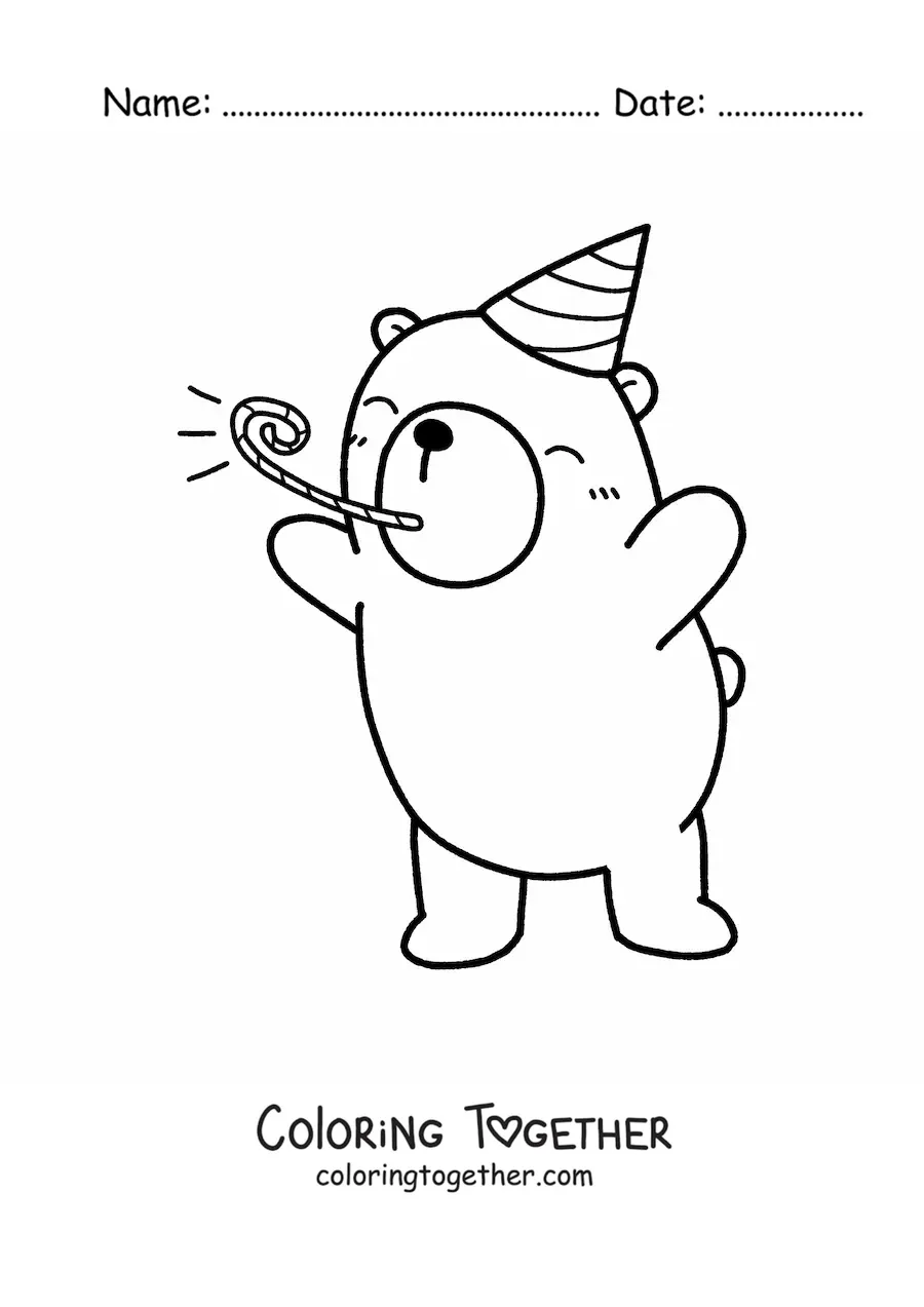 Coloring page of a kawaii birthday bear celebrating with a party hat and a whistle