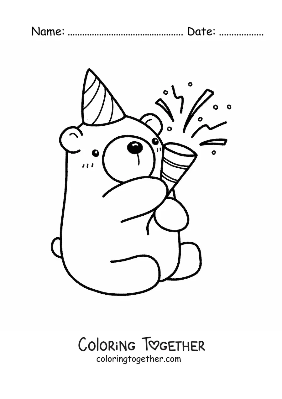 Coloring page of a kawaii birthday bear sitting with confetti