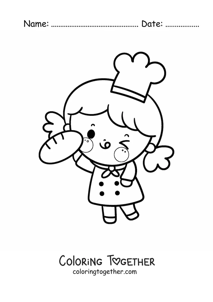 Coloring page of an animated kawaii baker girl