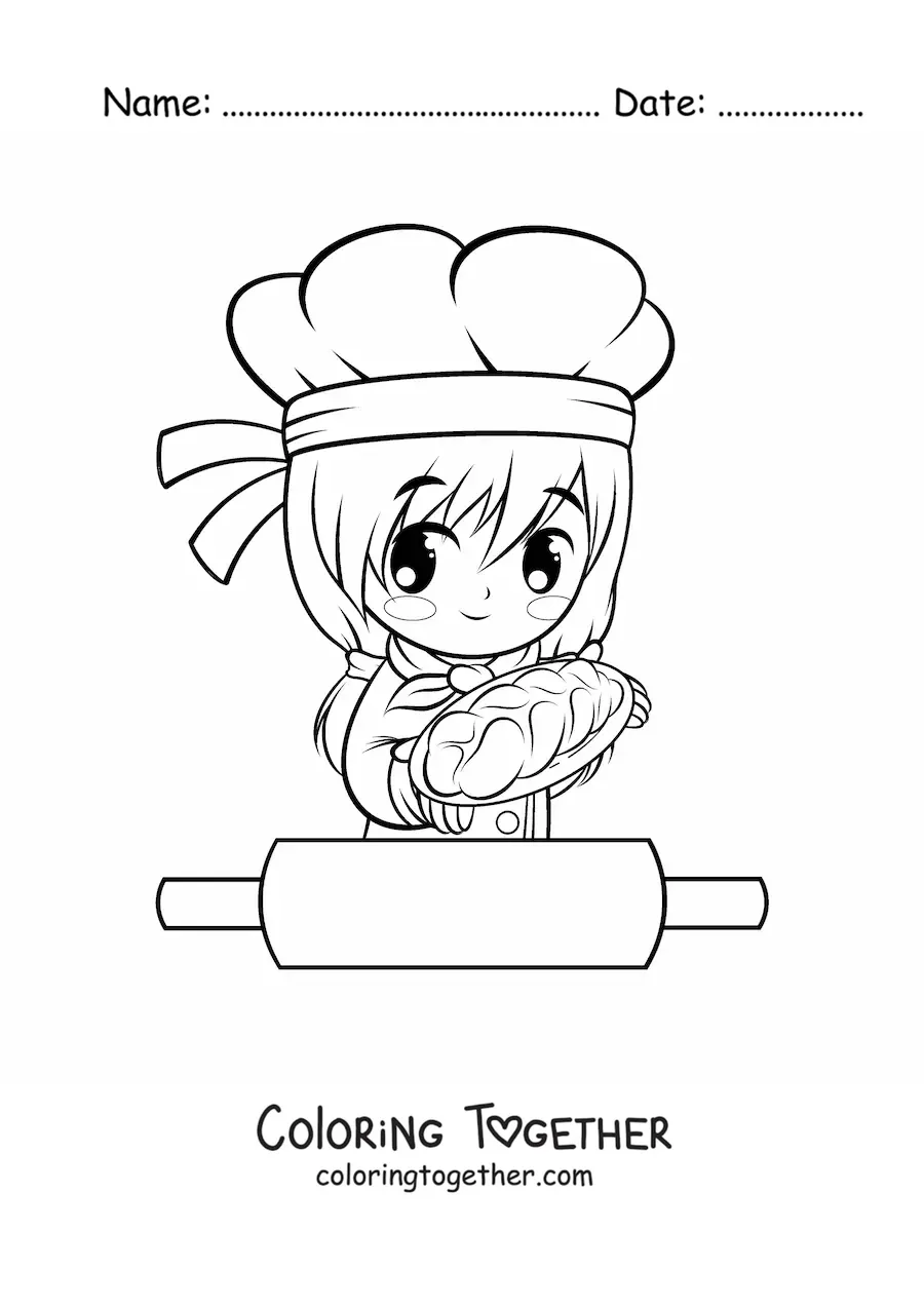 Coloring page of a kawaii anime baker girl