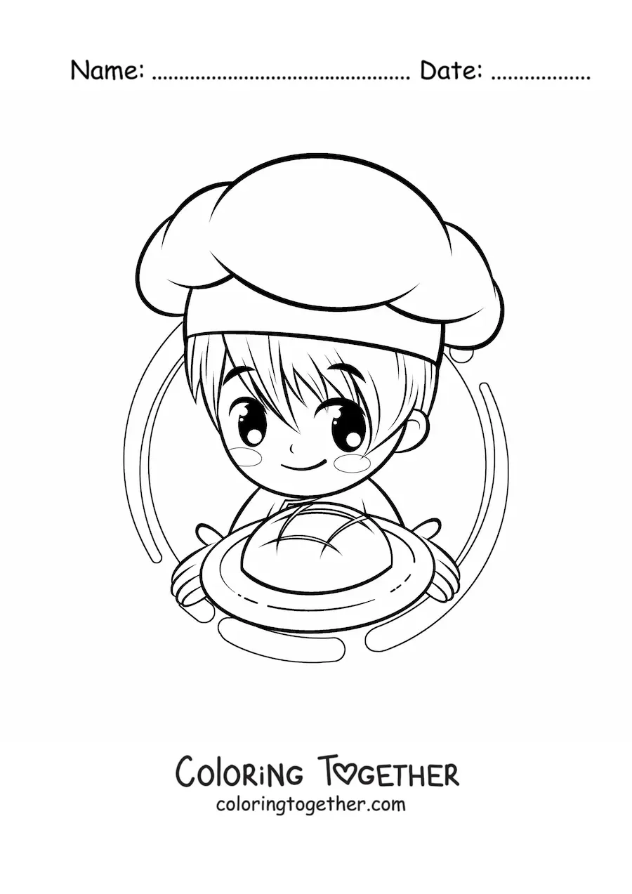 Coloring page of a kawaii anime baker boy