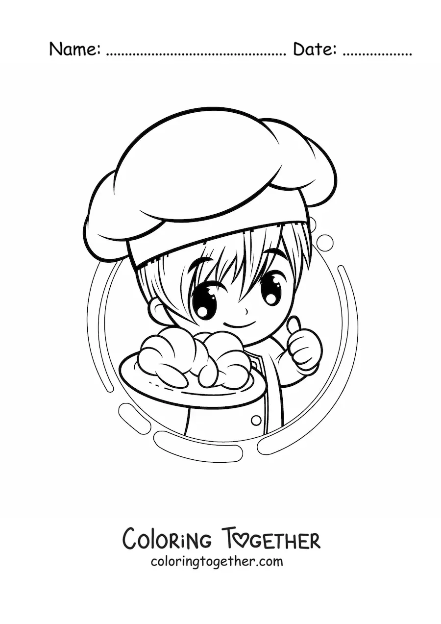 Coloring page of a kawaii baker boy with a croissant