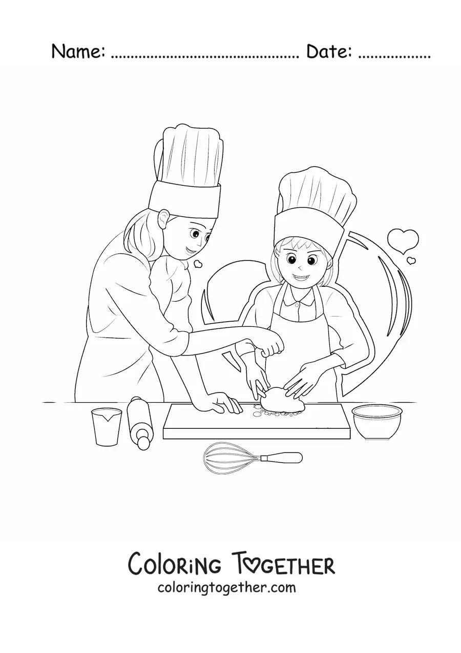 Coloring page of a mother and daughter baking bread