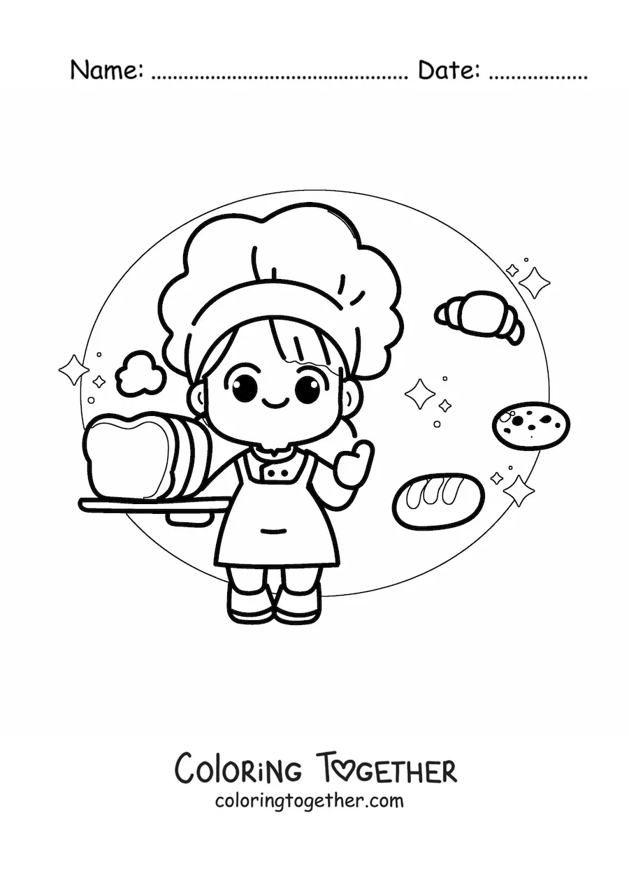 Coloring page of a kawaii baker girl with a croissant and other breads