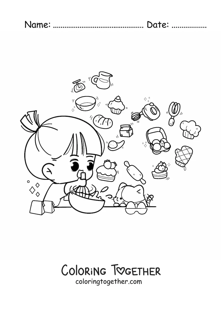 Coloring page of a kawaii girl baking bread with ingredients