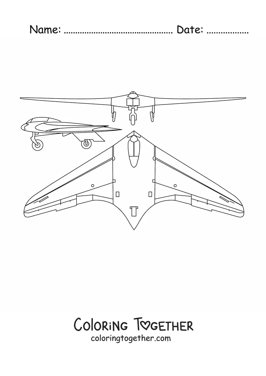 Coloring page of a warplane shown from the front, from above and from the side