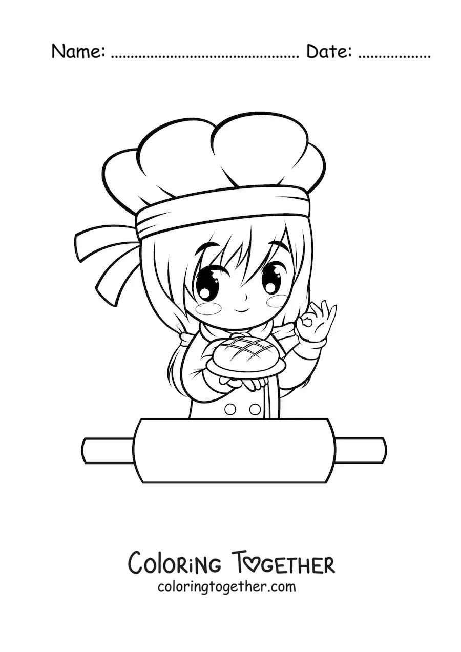 Coloring page of a kawaii baker girl with a rolling pin