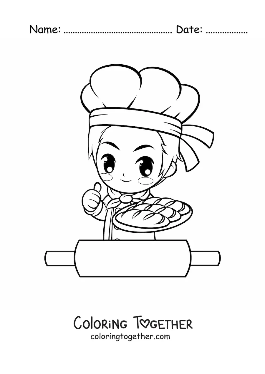 Coloring page of a kawaii baker chef with a rolling pin