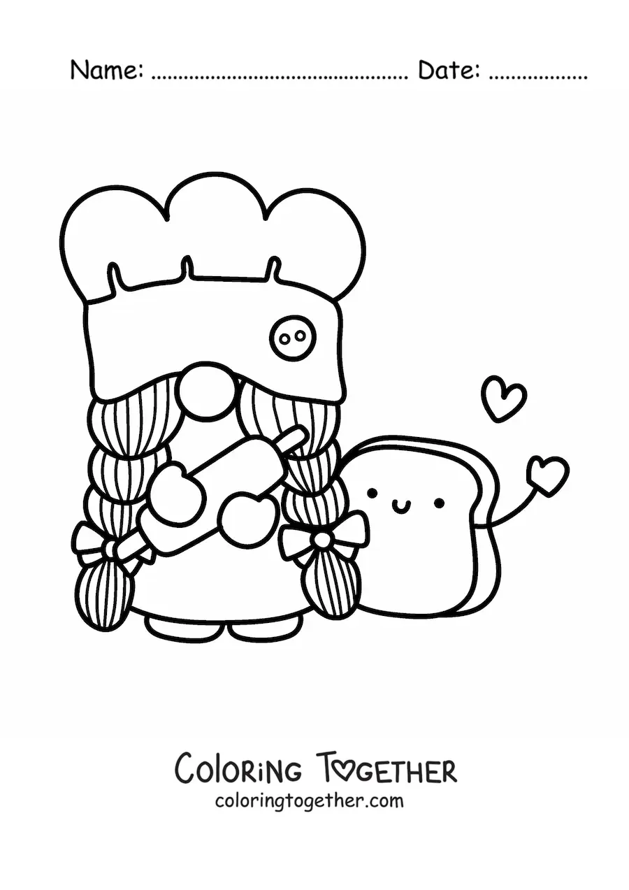 Coloring page of a kawaii baker gnome with a rolling pin