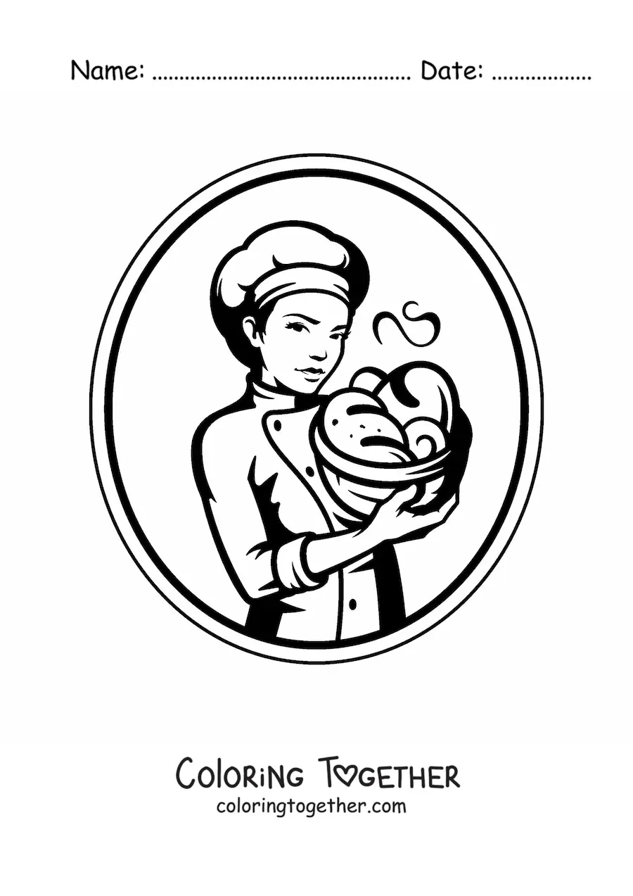 Coloring page of an easy woman baker with a basket of bread