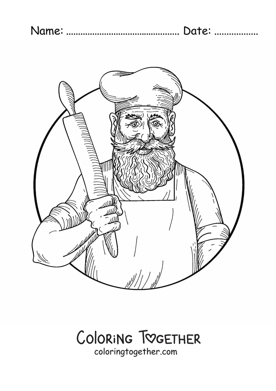Coloring page of a realistic baker with a rolling pin