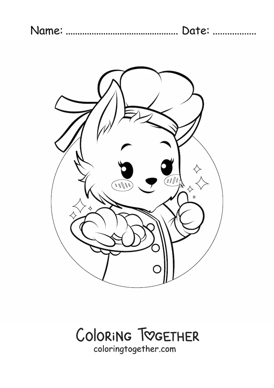 Coloring page of a cute anime style baker puppy with a croissant