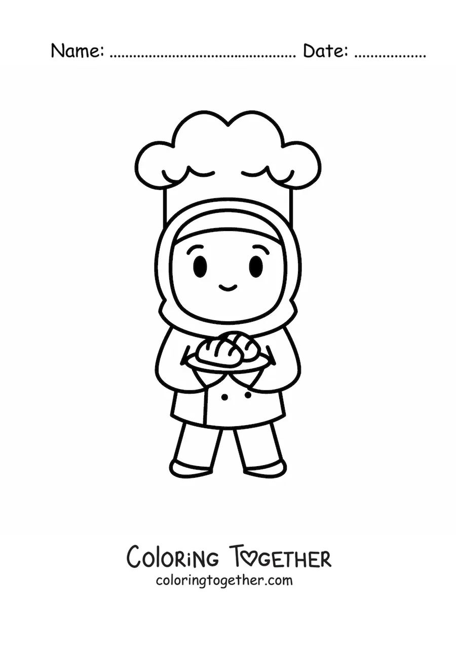 Coloring page of a cute Muslim baker girl