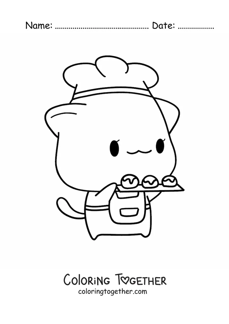 Coloring page of a cute anime style baker kitten with a tray of desserts