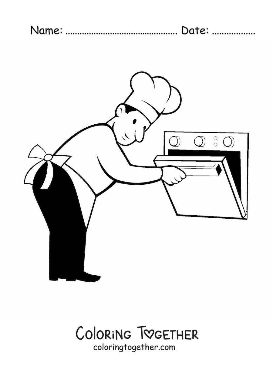 Coloring page of a baker chef opening the oven