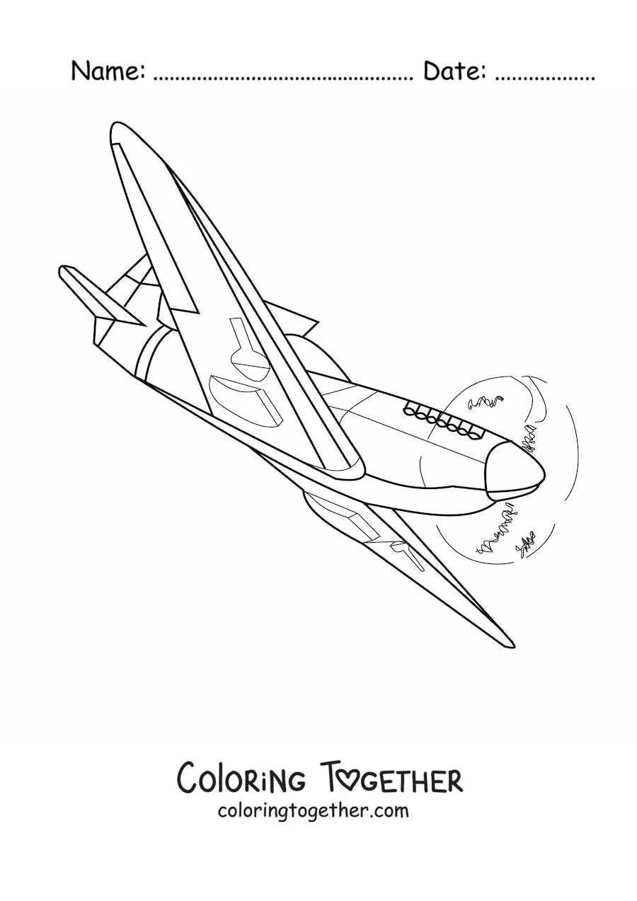 Coloring page of a warplane flying sideways