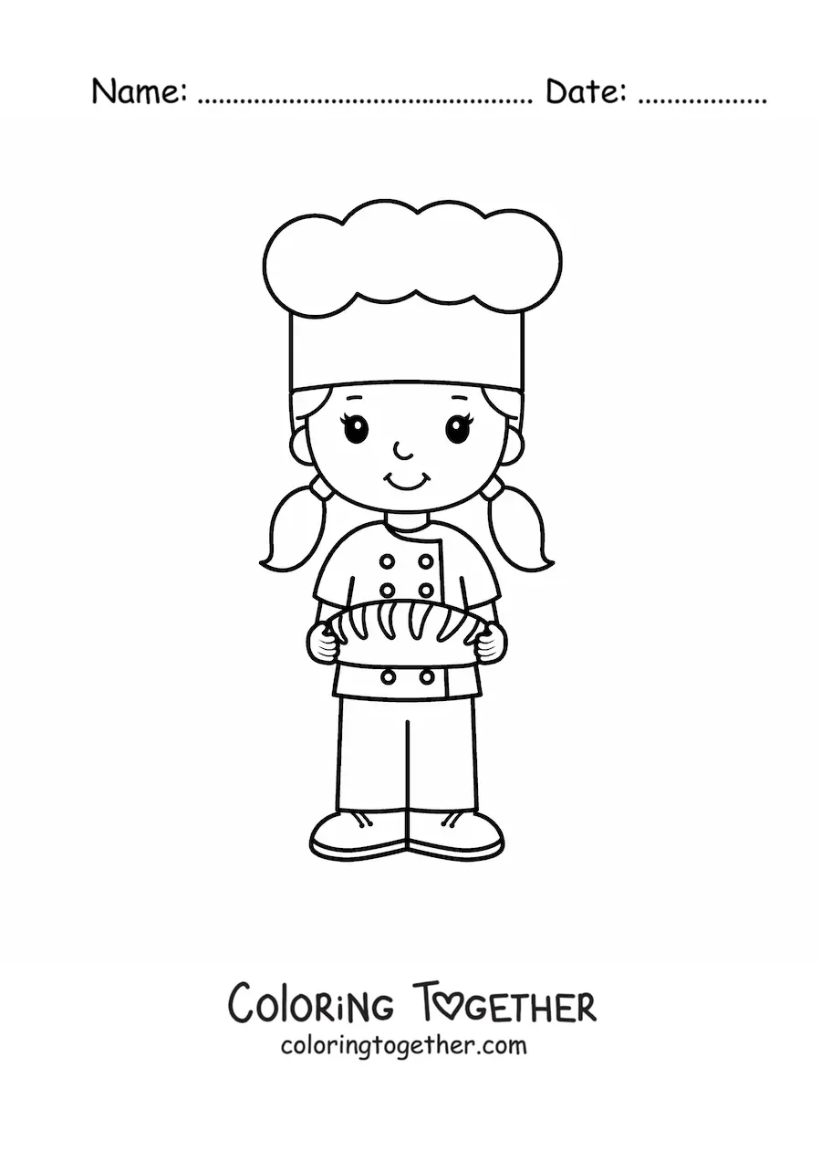 Coloring page of a girl with the profession of baker chef