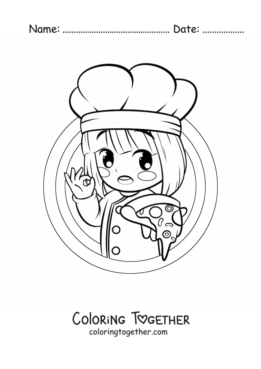 Coloring page of a cute girl cook with a pizza