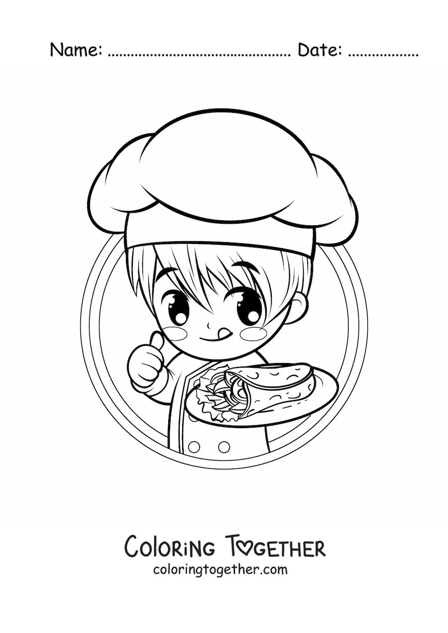 Coloring page of a cute boy cook with a taco