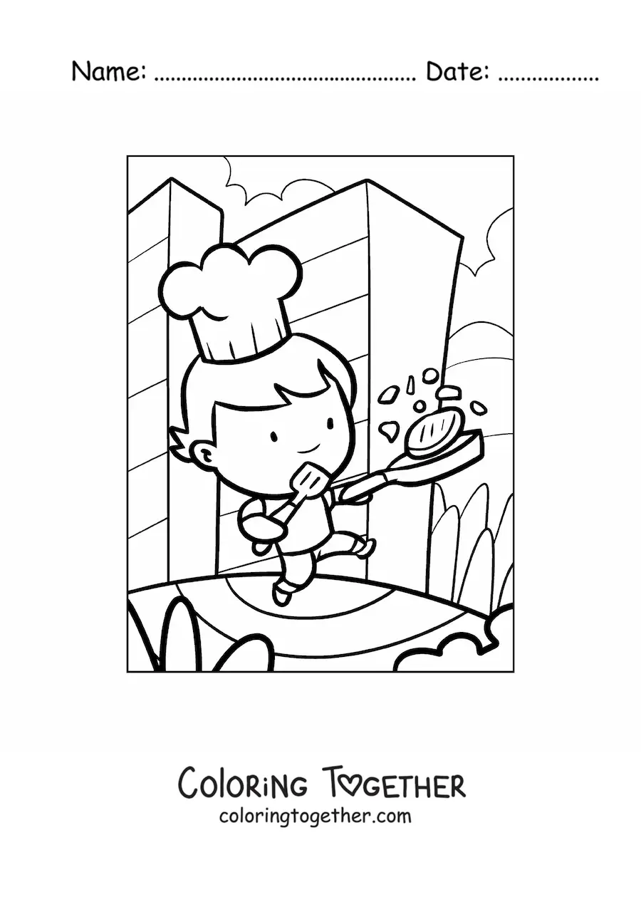 Coloring page of a cartoon of a boy cook cooking