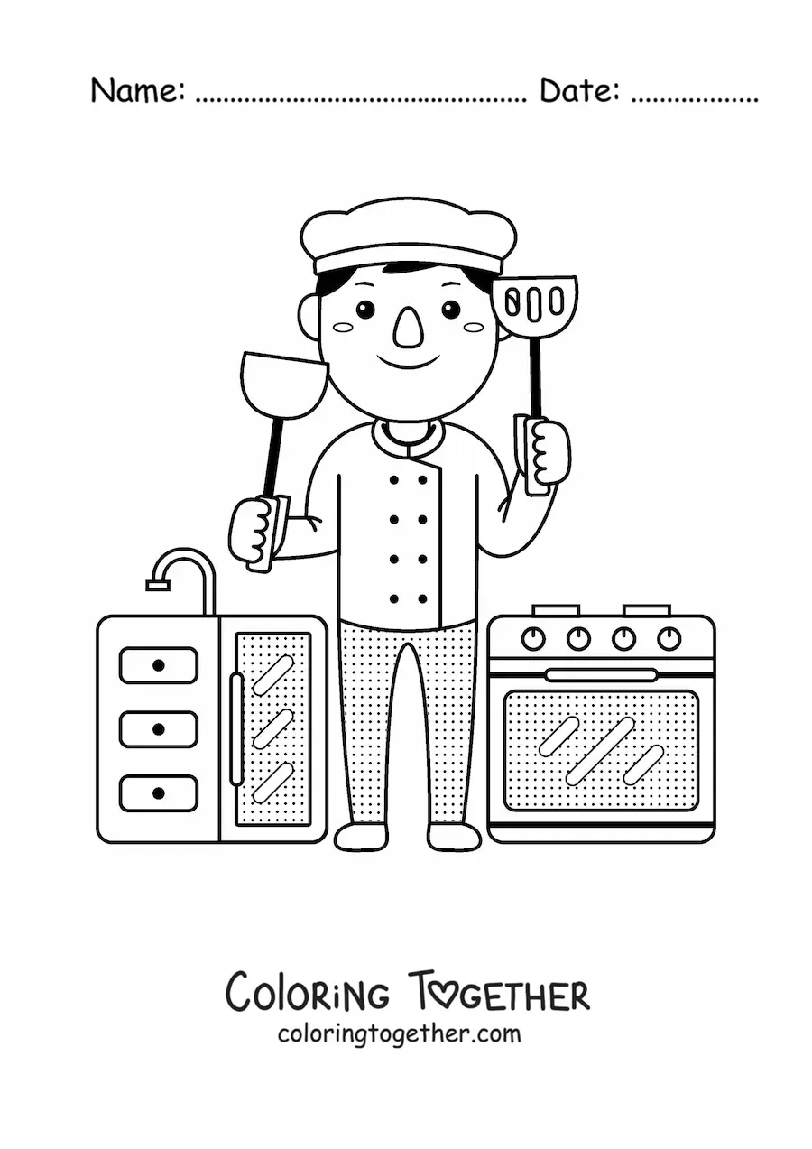 Coloring page of a cute animated cook in the kitchen