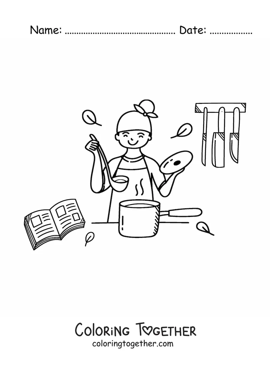 Coloring page of a girl cooking a soup in the kitchen