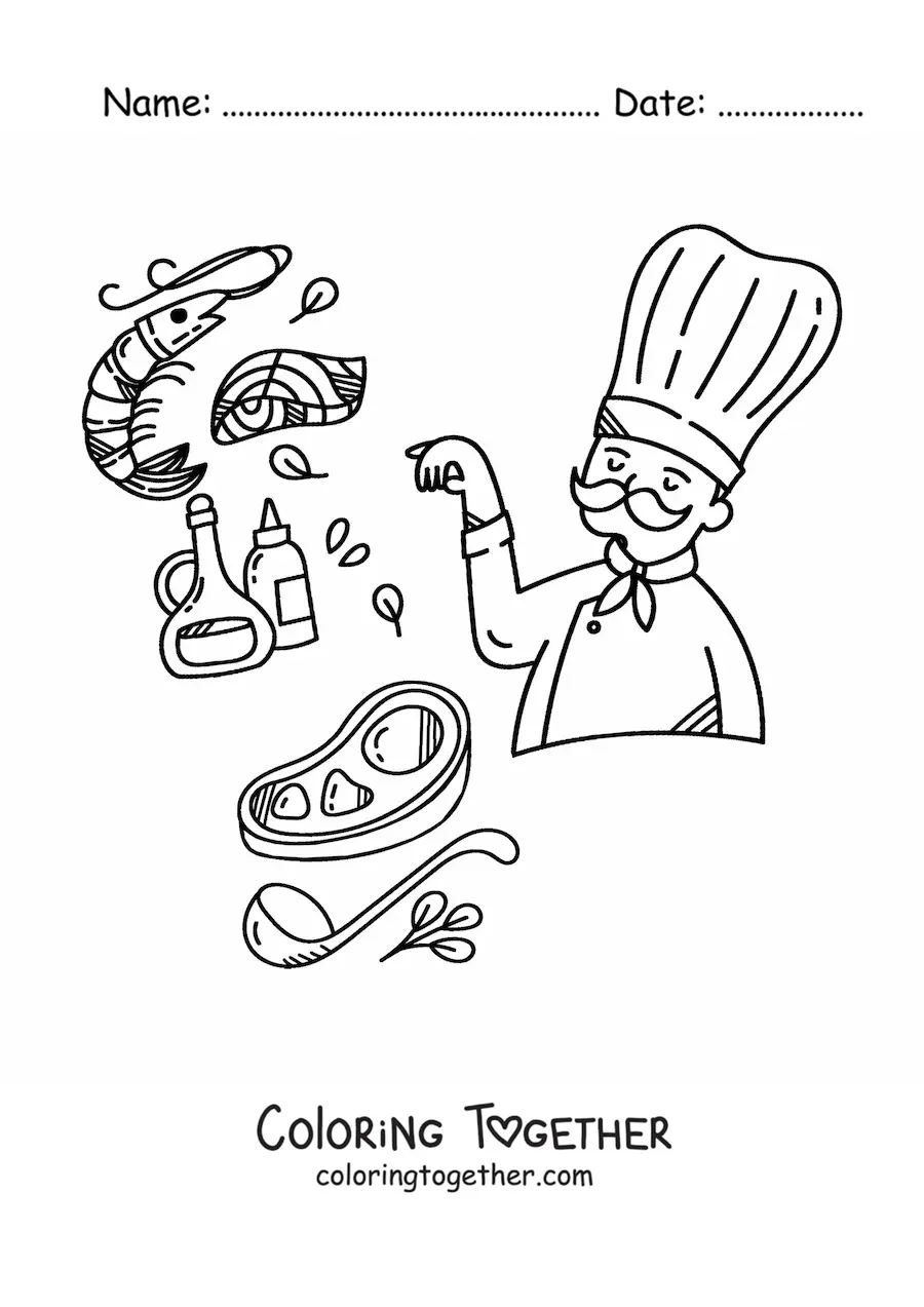 Coloring page of a chef cooking meat with ingredients