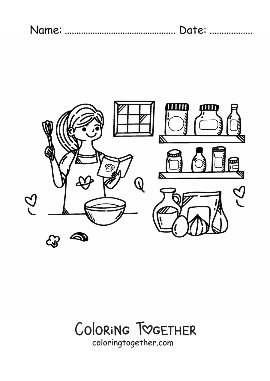 Coloring page of a girl cooking a soup in the kitchen with a recipe book