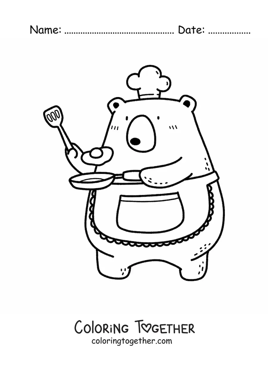 Coloring page of a cute animated cook bear frying an egg
