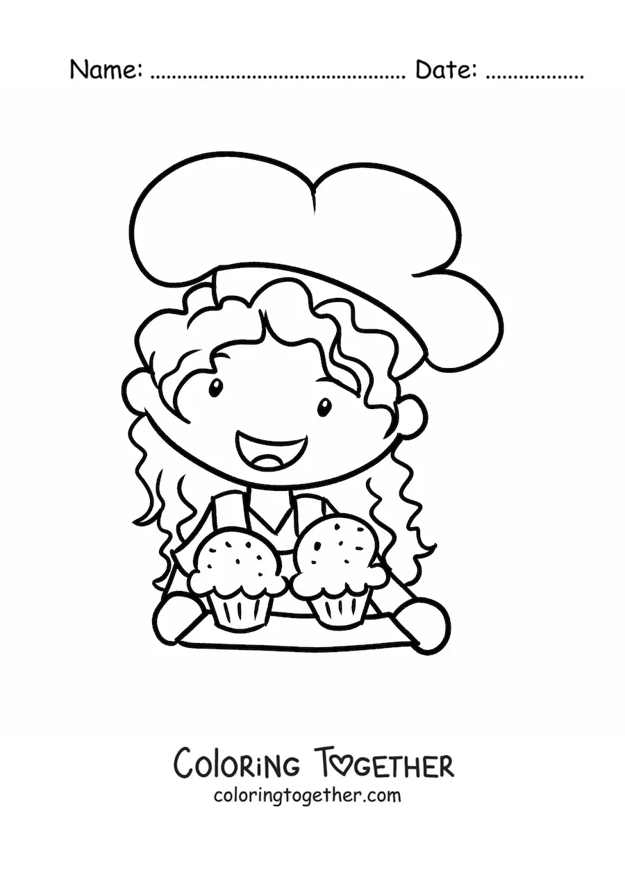 Coloring page of a cute girl cook with a tray of cupcakes