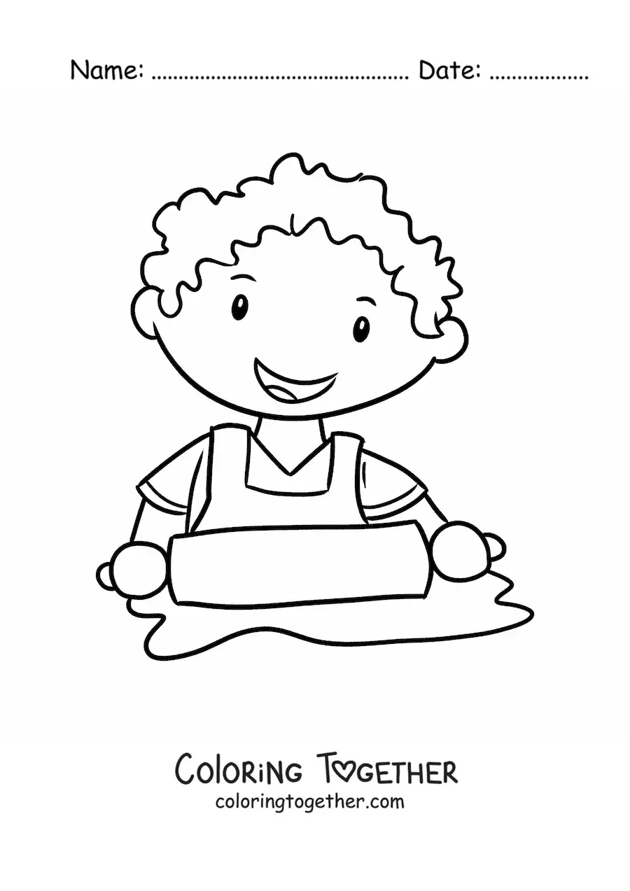 Coloring page of a cute boy cook with a rolling pin