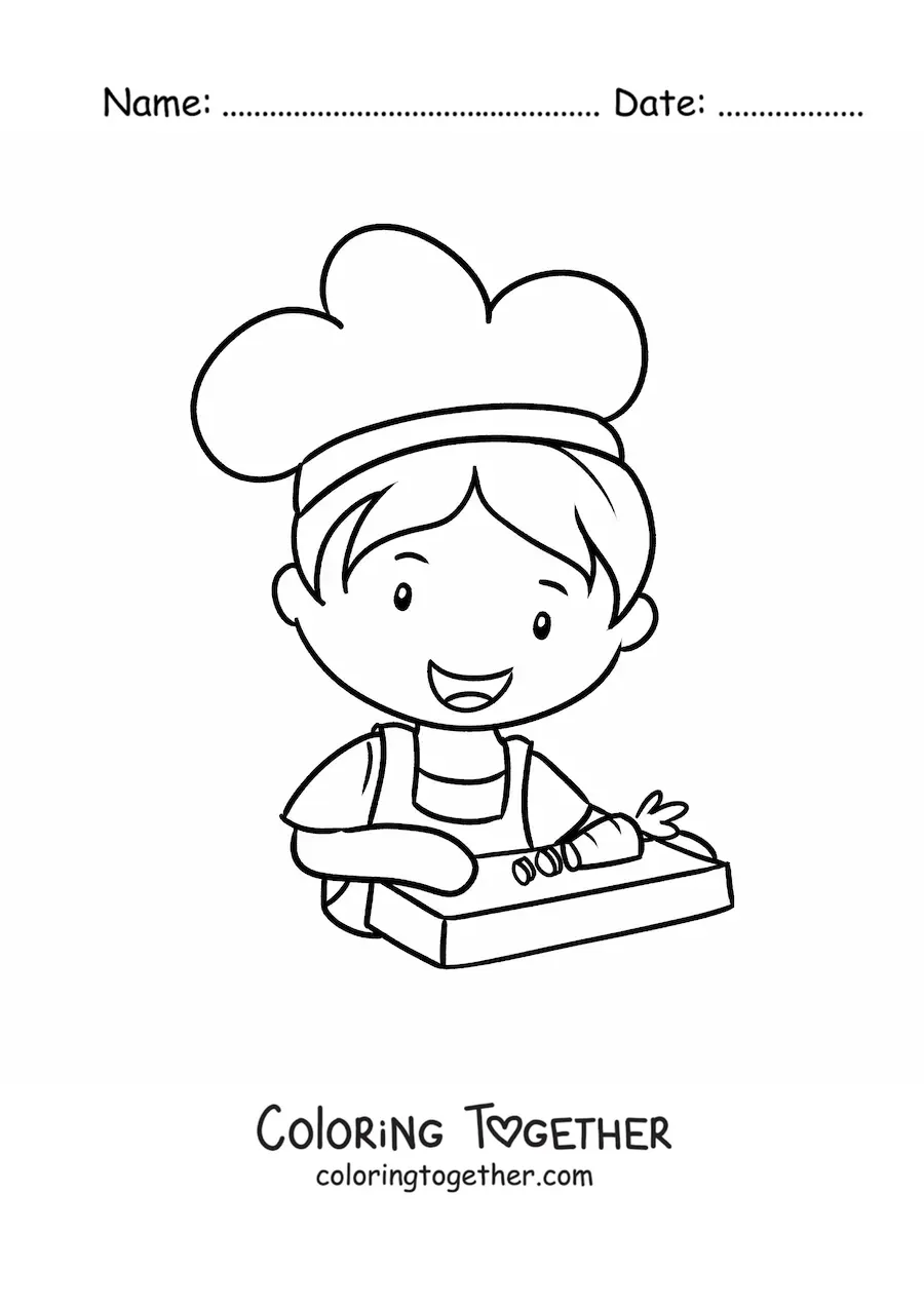 Coloring page of a cute boy cook cutting vegetables