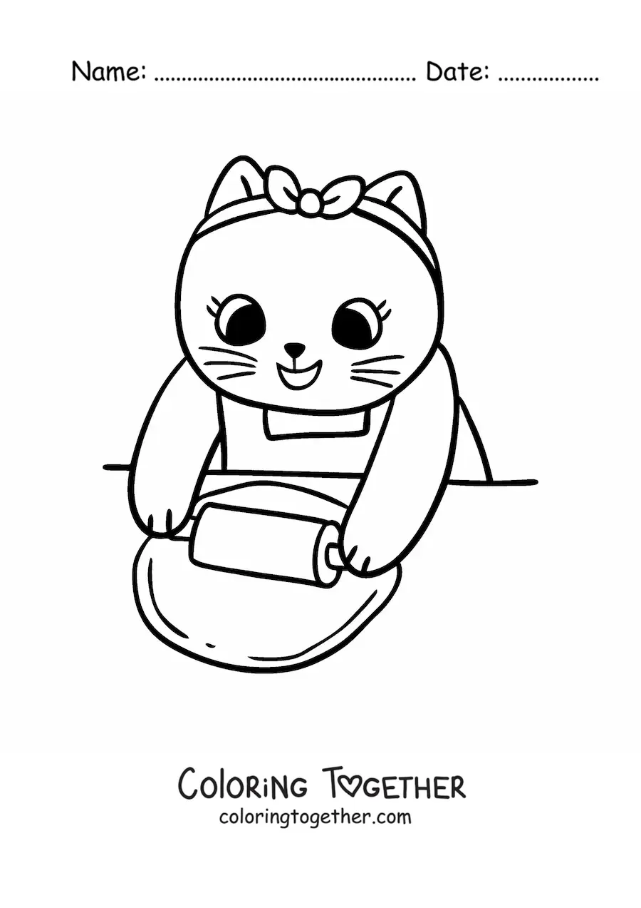 Coloring page of a cute animated cook cat rolling out dough with a rolling pin
