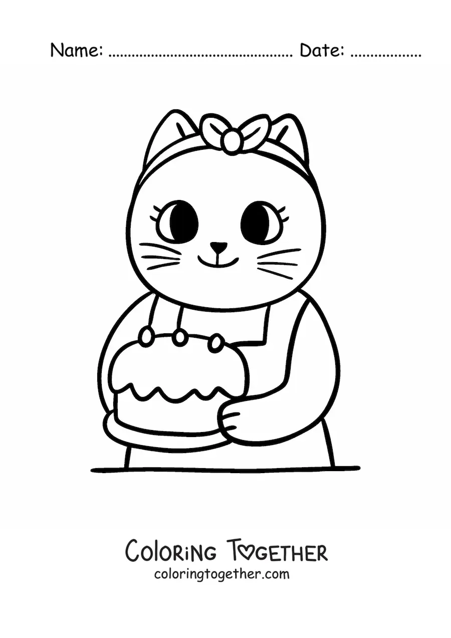 Coloring page of a cute animated cook cat with a cake