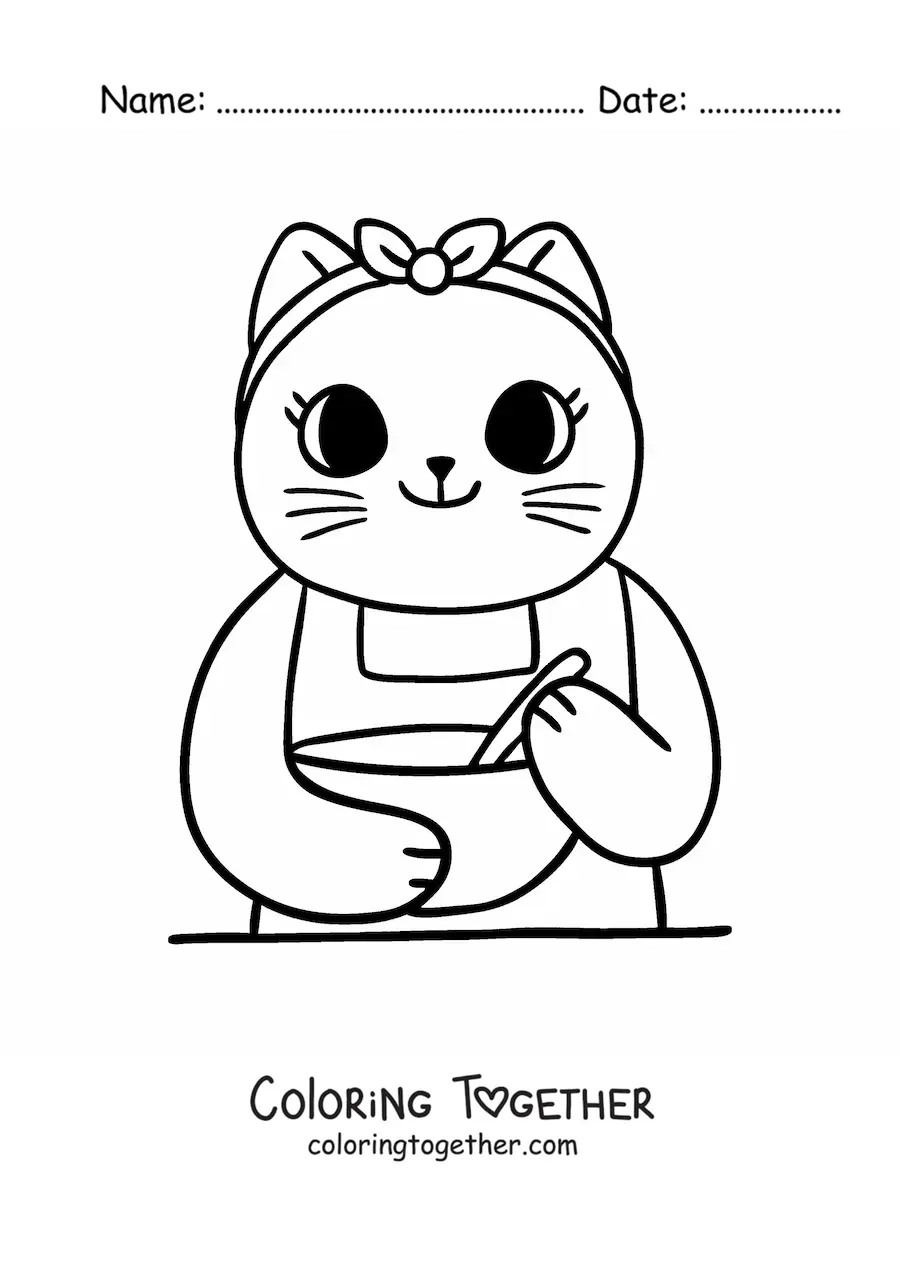 Coloring page of a cute animated cook cat cooking