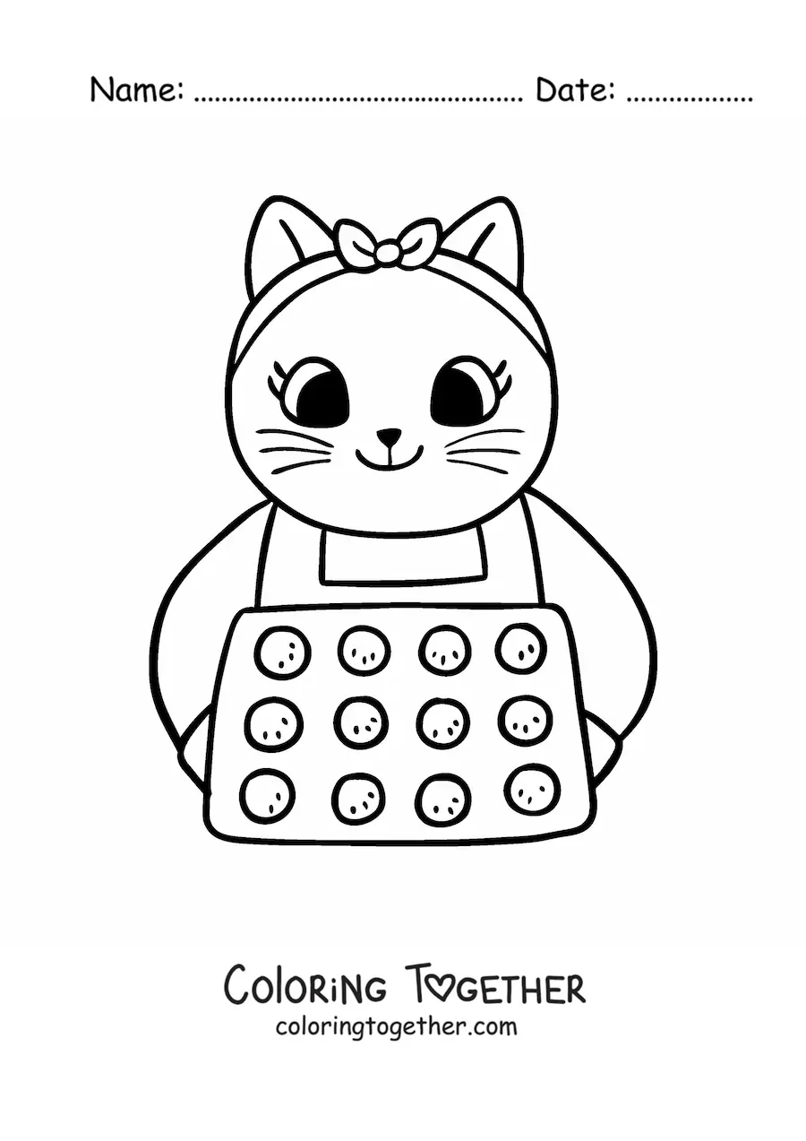 Coloring page of a cute animated cook cat baking cupcakes
