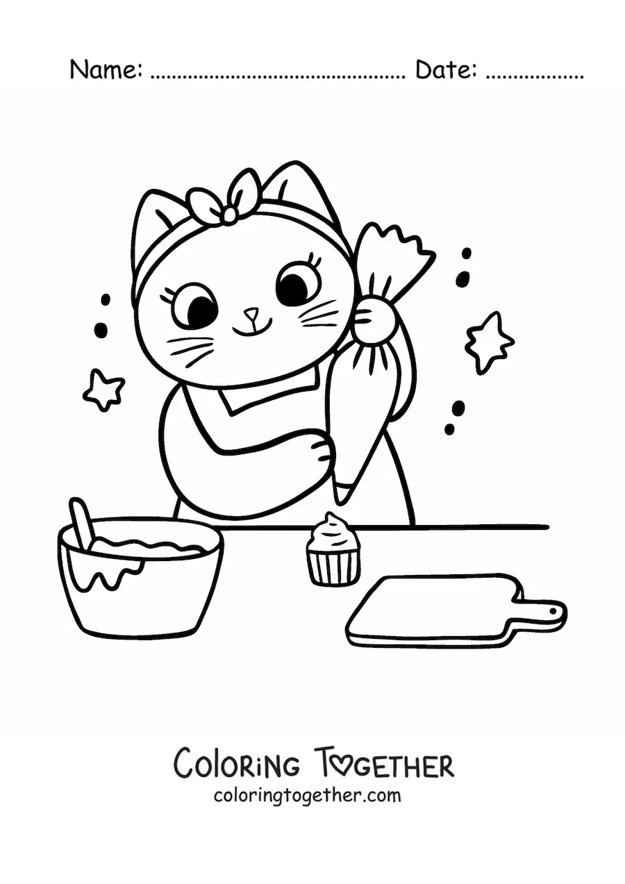 Coloring page of a cute animated cook cat decorating cupcakes in the kitchen
